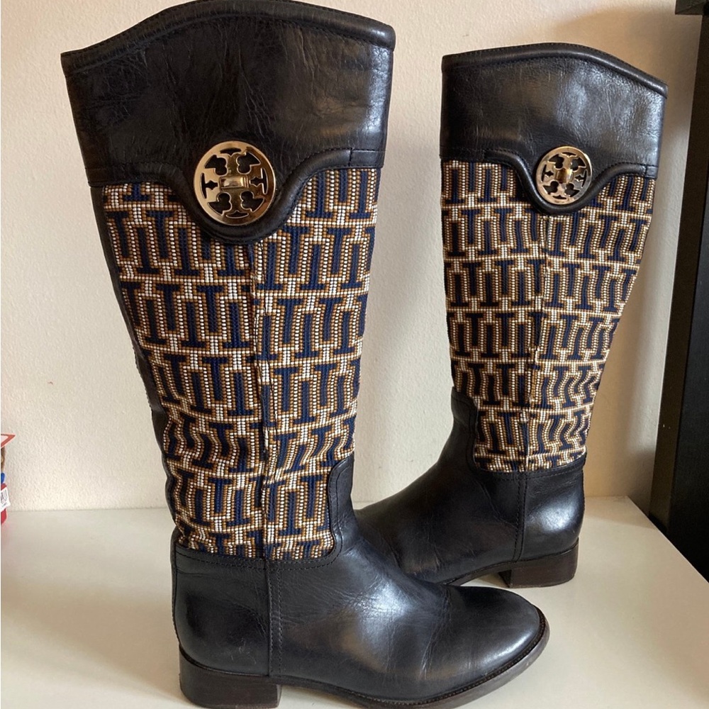Tory Burch Black and Tan Knee-High Boots